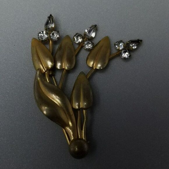 Vintage Gold Tone Rhinestone Leaf Brooch, Retro 50s Style Lapel Pin, Estate - Picture 5 of 6